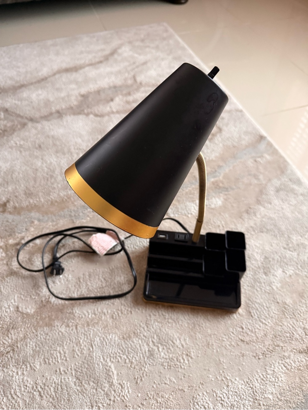 Black & Gold Desk Lamp Organizer with USB Port & Outlet